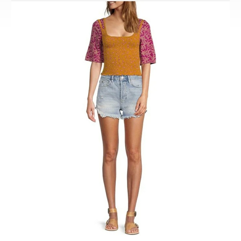 Free People Lasso High Rise Distressed Frayed Hem Denim Shorts